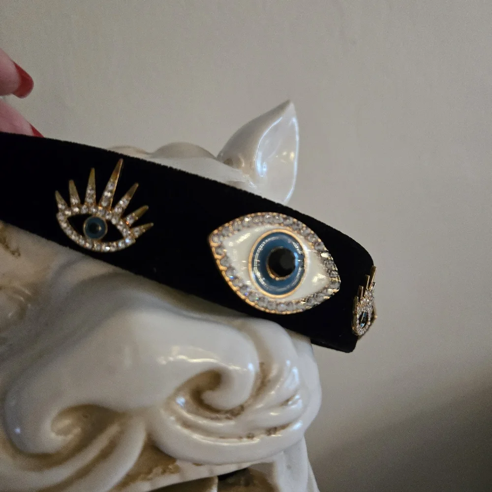 Hey Queen! Wear This Blk Velvet Crown Jewelled Evil Eye Designer Headband